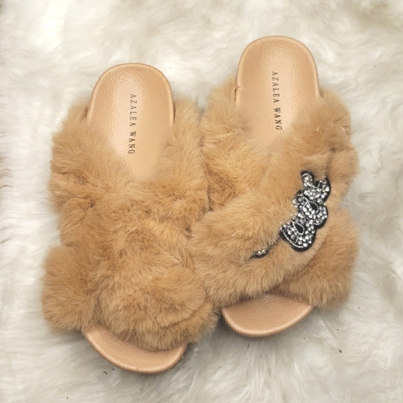AZALEA WANG Sneaky Slippers faux fur snake rhinestone bling slides tan 7 - Picture 6 of 14